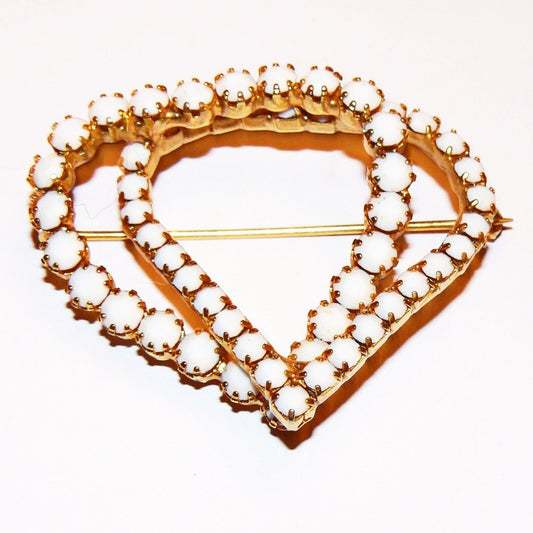 Vintage Milk Glass Stones Heart Brooch