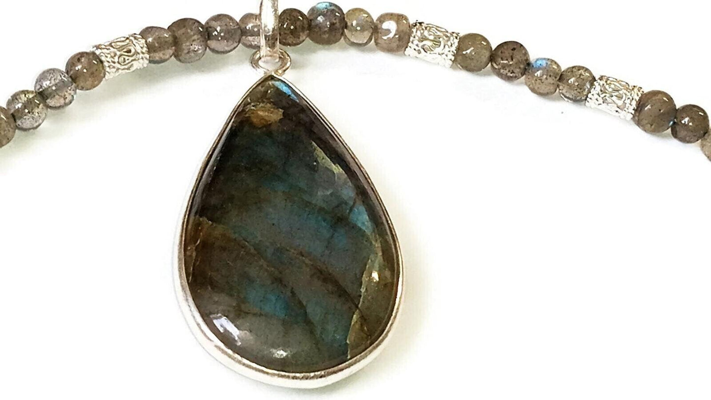Natural Labradorite Beaded Necklace with All Sterling Silver Findings