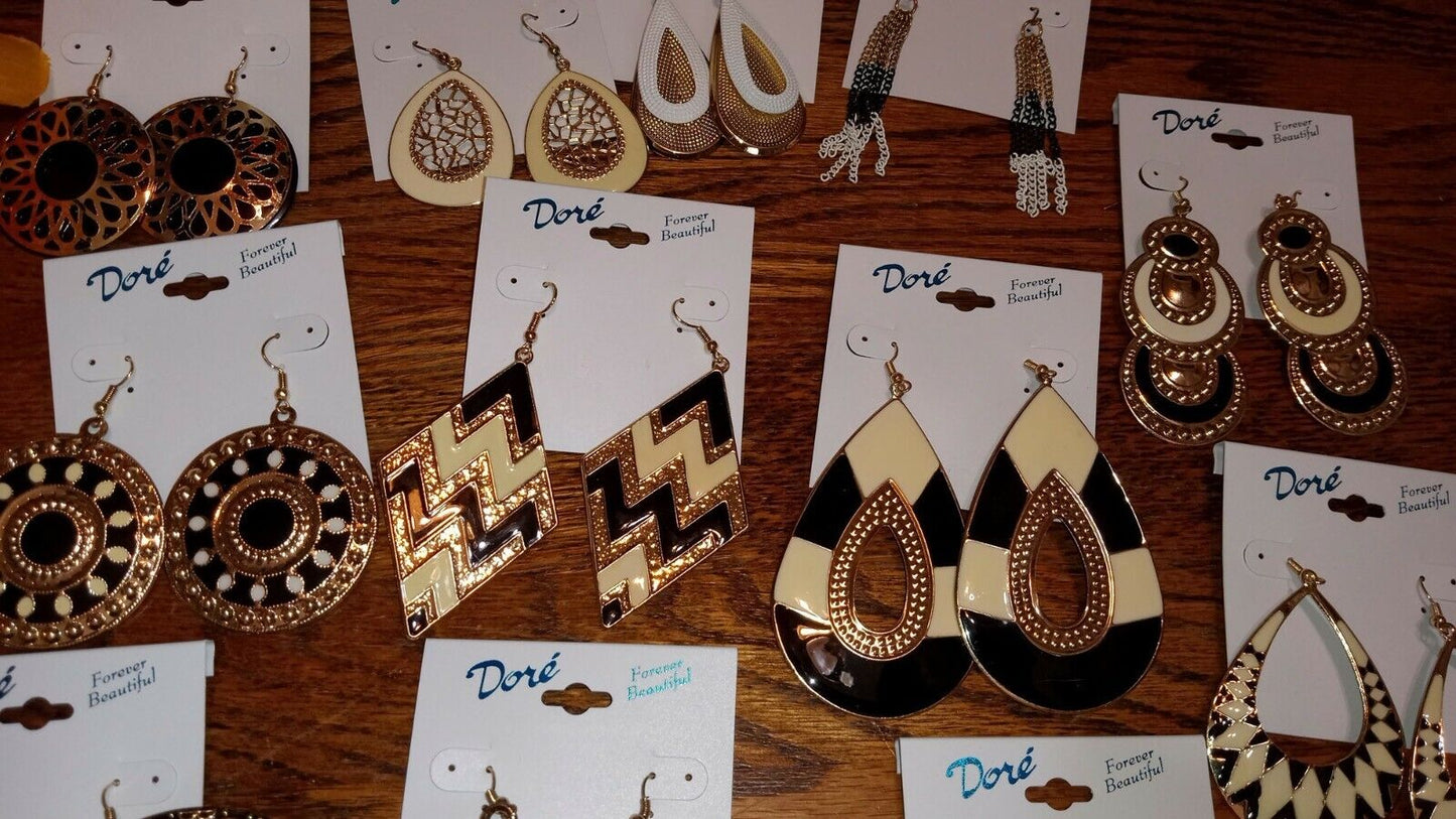 One Dozen (12) Pair Beautiful Gold Plated metal and Enamel Earrings