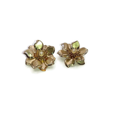 Metal Flower Clip on Earrings with Pearl Center