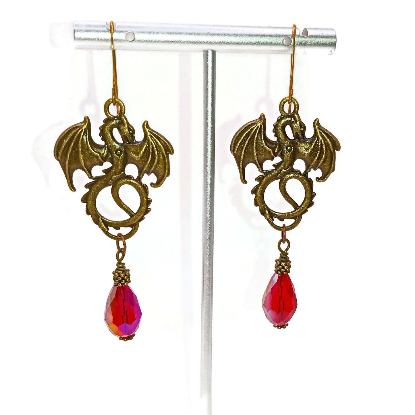Unique Handcrafted Brass Dragon Earrings with Red Crystals