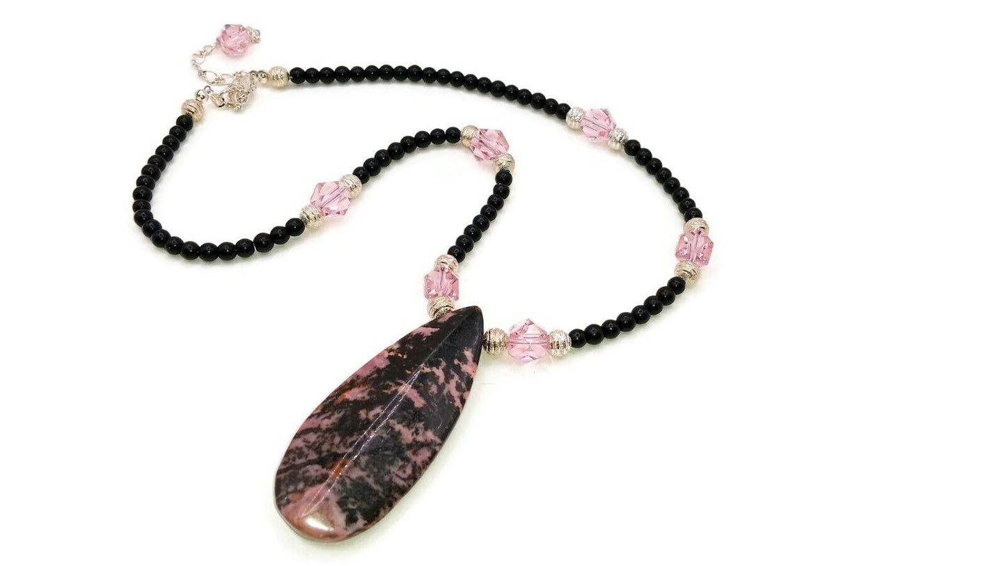 Genuine Rhodonite Pendant Necklace With Matching Earrings-094446402