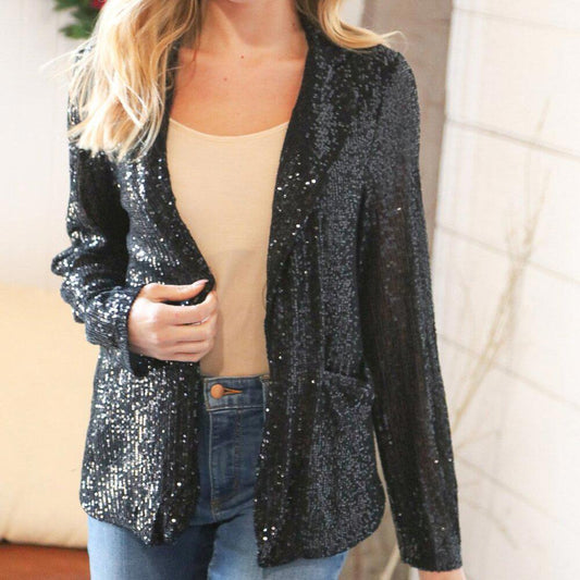 New- Black Sequin Lapel Collar Pocketed Holiday Jacket - 3X
