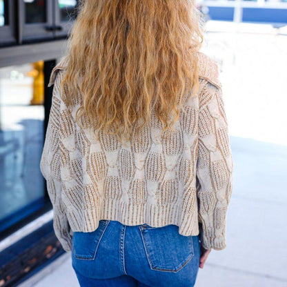 New Autumn Vibes Taupe Textured Cable Knit Collared Cardigan ~~Sizes 1x,2x,3x