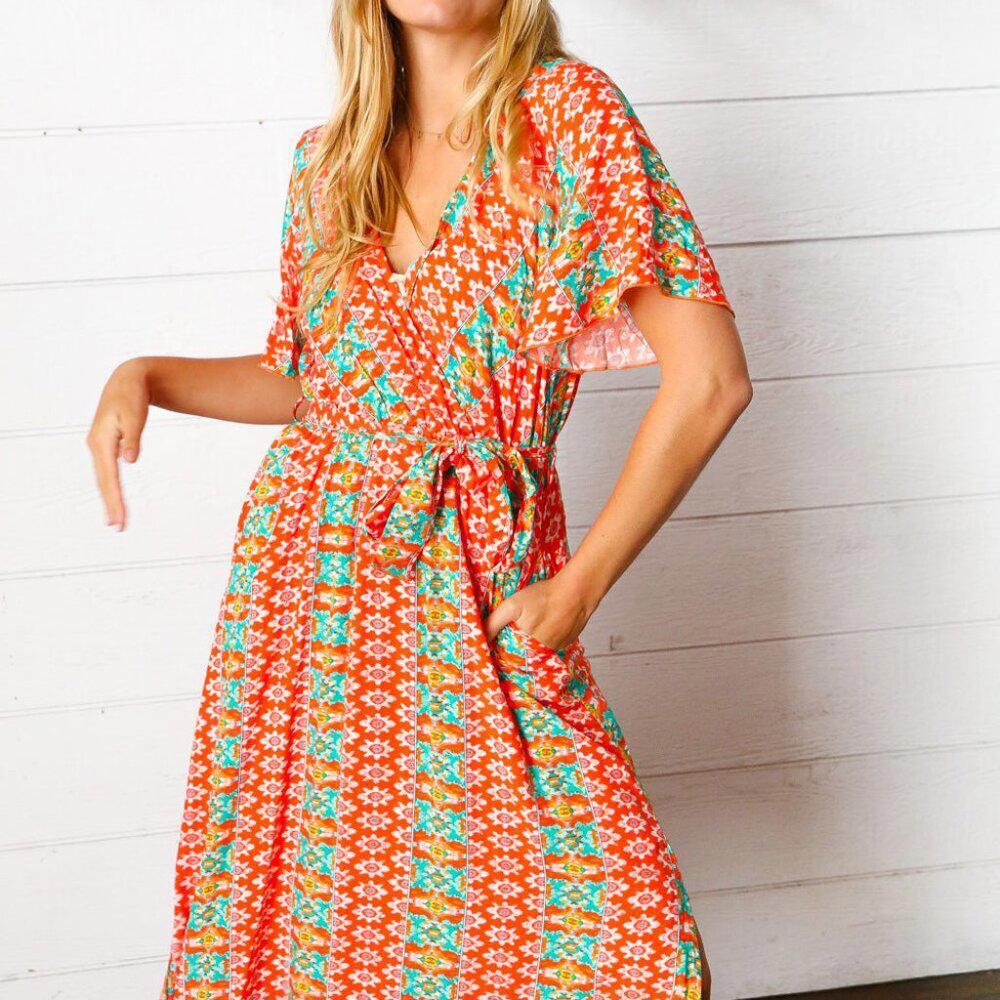 New Orange Boho Print Surplice Sash Belt Midi Dress - 3X