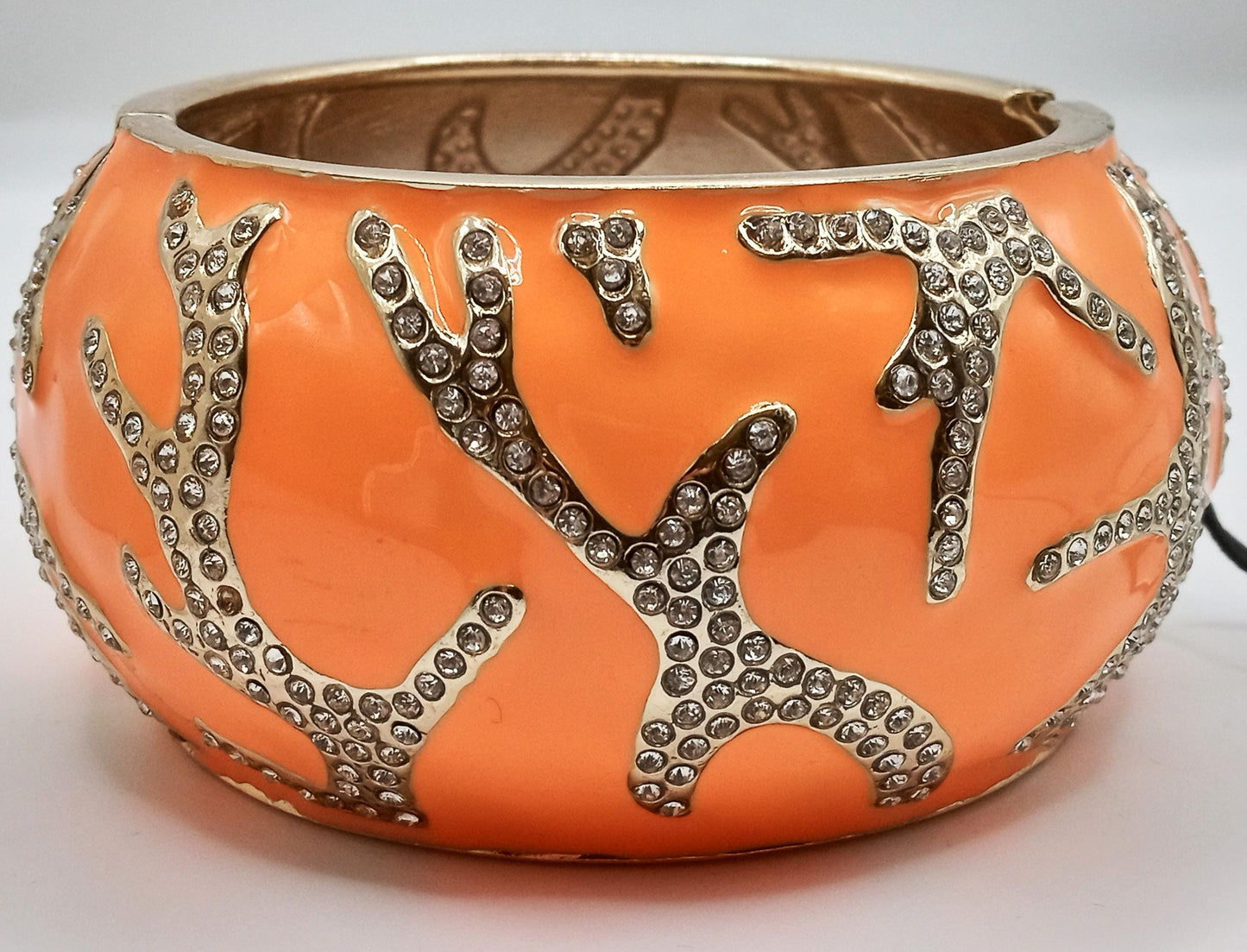 NOS Large Orange Enamel and Rhinestone Clamper Bracelet