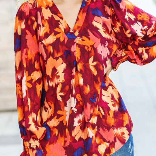 New Burgundy Floral Abstract Print V Neck Smocked Top 3X