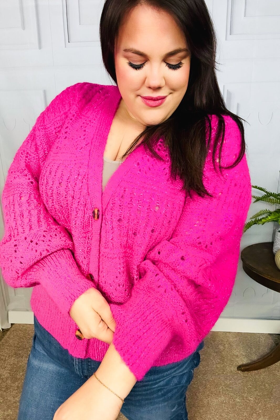 New -Pretty In Pink Button Down Pointelle Knit Cardigan Sizes 1x, 2x, 3x