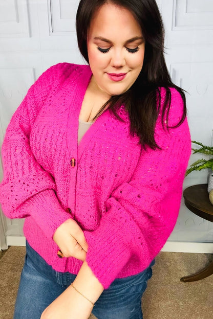 New -Pretty In Pink Button Down Pointelle Knit Cardigan Sizes 1x, 2x, 3x