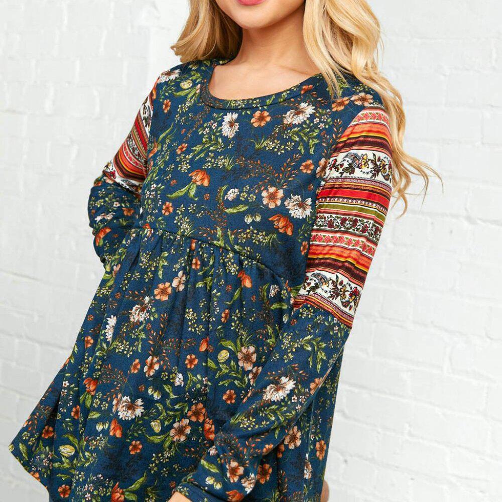 Navy Floral Hacci Babydoll Unique Sleeve Top Sz Large