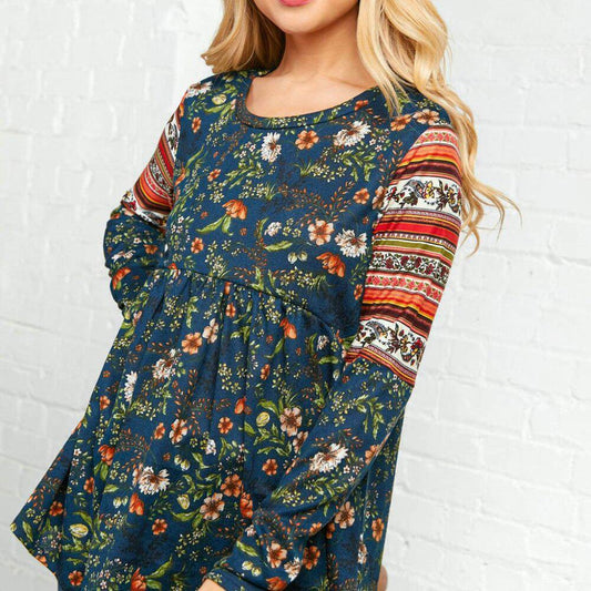 Navy Floral Hacci Babydoll Unique Sleeve Top Sz Large