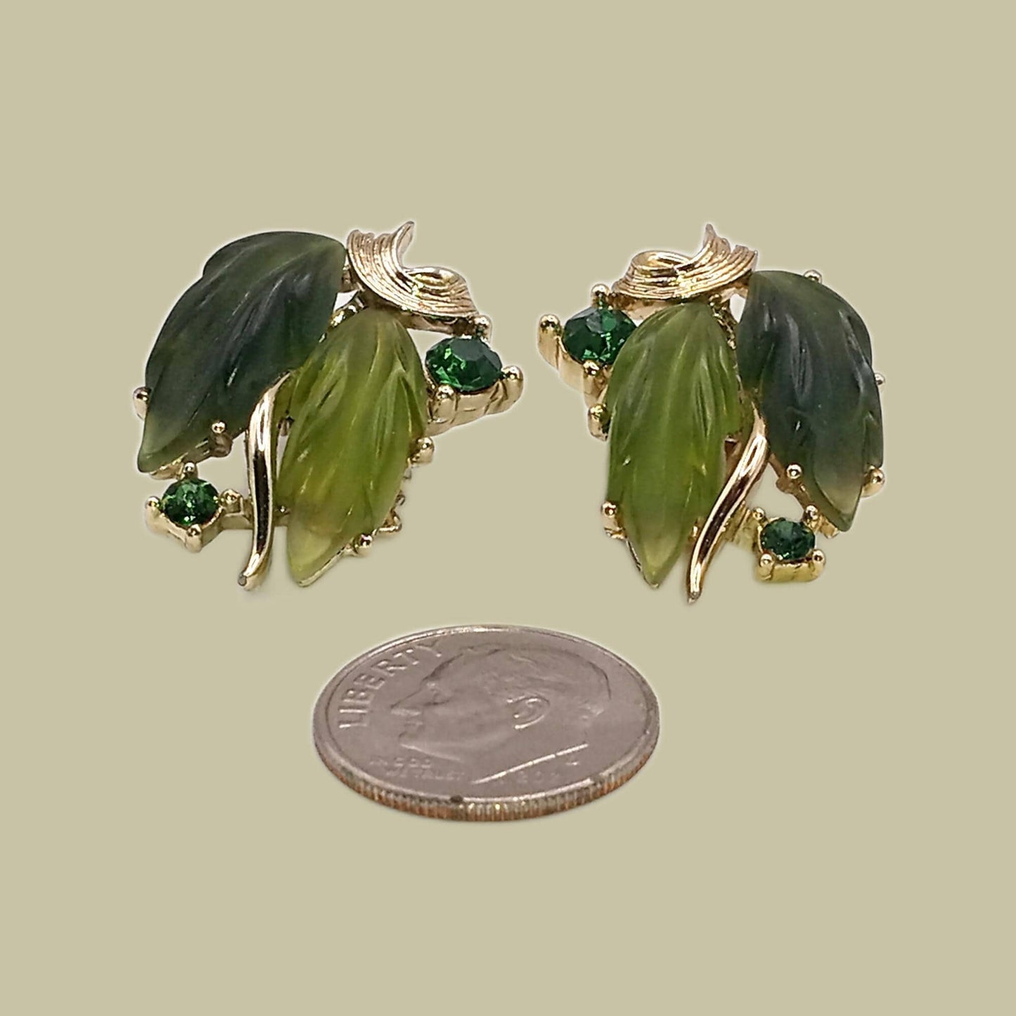 1960s Signed LISNER Green Molded Lucite & Rhinestone Leaf Clip Earrings