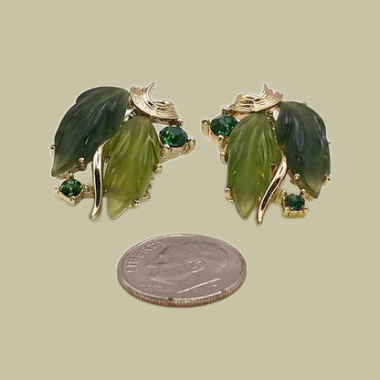 1960s Signed LISNER Green Molded Lucite & Rhinestone Leaf Clip Earrings